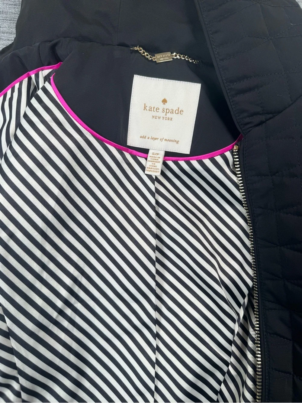 Kate Spade Black Quilted Hooded Puffer Coat Striped Lining Small